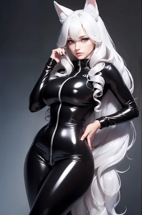 Woman with ,golden curly hair,Blue eyes,white fox ears,,in a black latex tracksuit