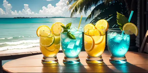 (No one) A soft drink containing lemon, mint leaves, and bubbles. The yellow fades to blue. It's cool. There are colored straws, ice cubes, cool, bubbles, smoke, placed on a table, distant view, the background is an outdoor beach, seaside, coconut trees
