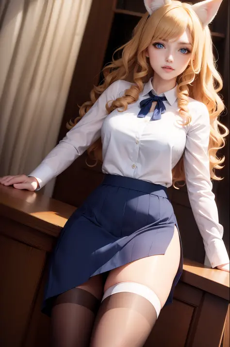 Woman with ,golden curly hair,Blue eyes,white fox ears,in a shirt, skirt and stockings