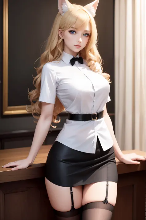 Woman with ,golden curly hair,Blue eyes,white fox ears,in a shirt,black skirt and stockings