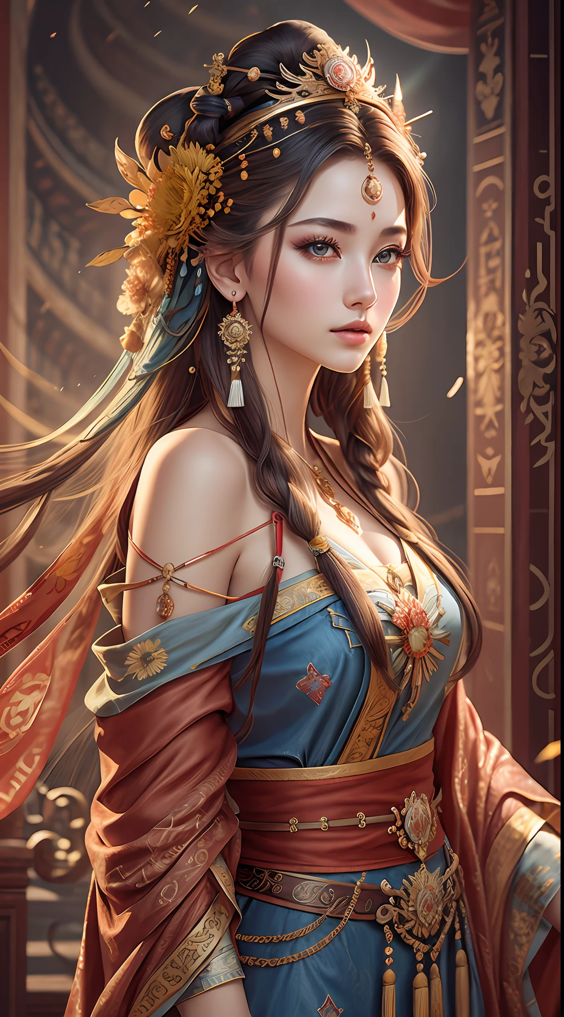 Best quality, masterpiece, ultra-detailed high resolution, (realistic: 1.4), original photos, illustrations,
1 Girl Holding Weapon, (Solo Exhibition: 1.2), (Denim Lens: 1.2), (Hair Crown: 1.2), Chinese Dunhuang Traditional Costume, No Straps, (Red Eyeliner: 1.2), (: 1.4), Earrings, Dynamic Angle, Opera House, messy_long_hair, Ink, Movie Lights, lens_flare, Velvet, Chrysanthemum, Tassels, Ribbons, Color Embroidery,