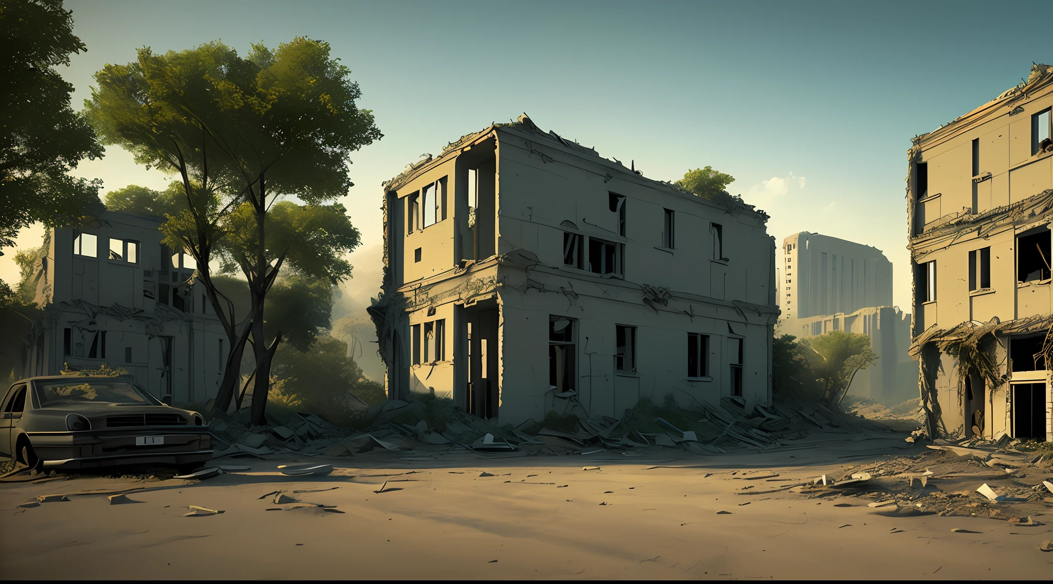 landscape, scenery, no humans, building, wide shot, semi realistic, masterpiece, ultra detailed, absurdres, dynamic lighting, post-apocalypse, collapse, dusty, overgrown, asphalt, ruins