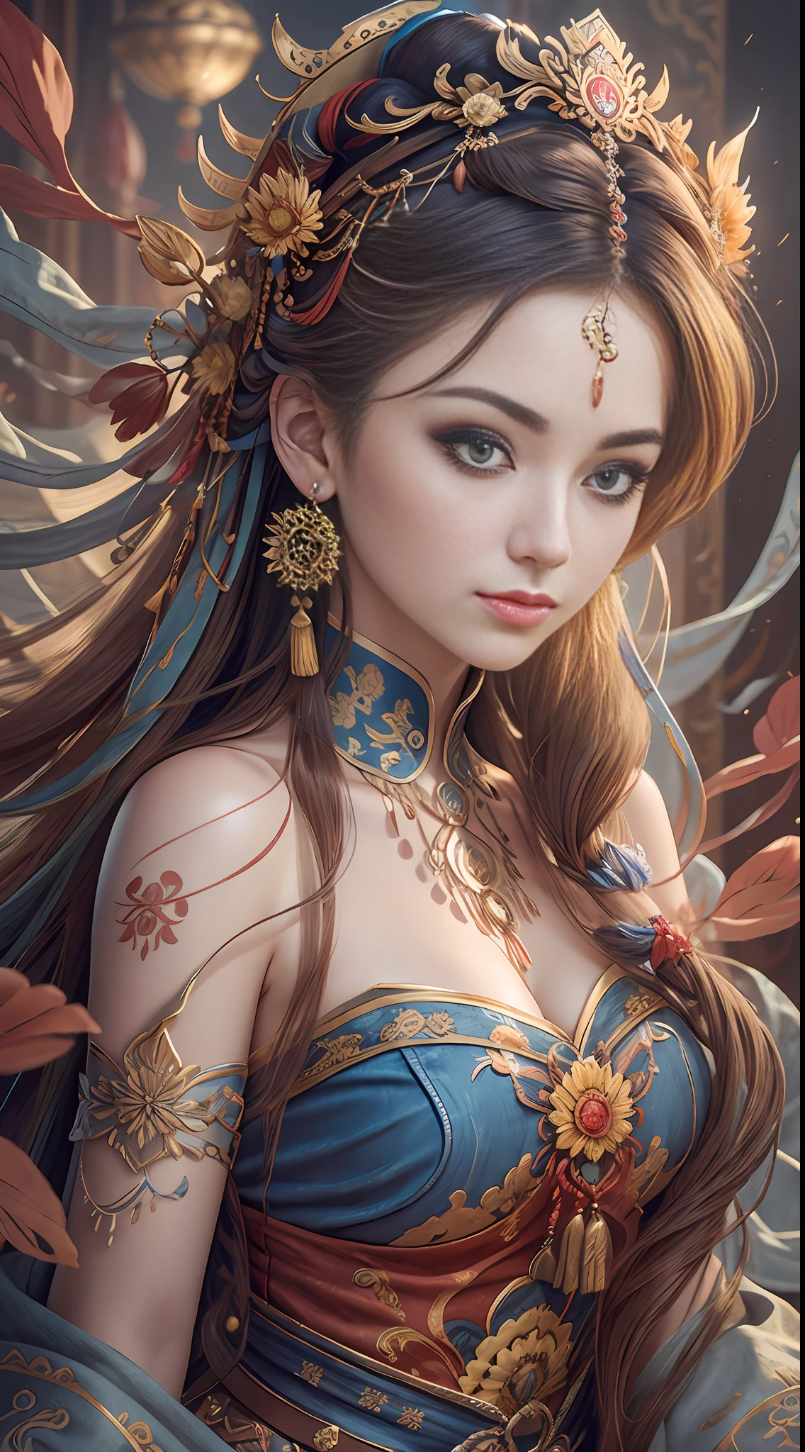 Best quality, masterpiece, ultra-detailed high resolution, (realistic: 1.4), original photos, illustrations,
1 Girl Holding Weapon, (Solo Exhibition: 1.2), (Denim Lens: 1.2), (Hair Crown: 1.2), Chinese Dunhuang Traditional Costume, No Straps, (Red Eyeliner: 1.2), (: 1.4), Earrings, Dynamic Angle, Opera House, messy_long_hair, Ink, Movie Lights, lens_flare, Velvet, Chrysanthemum, Tassels, Ribbons, Color Embroidery,