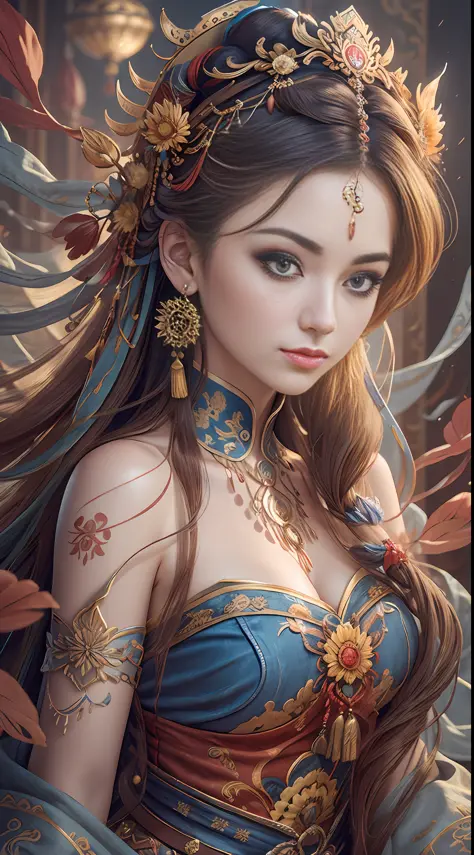 Best quality, masterpiece, ultra-detailed high resolution, (realistic: 1.4), original photos, illustrations,
1 Girl Holding Weapon, (Solo Exhibition: 1.2), (Denim Lens: 1.2), (Hair Crown: 1.2), Chinese Dunhuang Traditional Costume, No Straps, (Red Eyeliner...