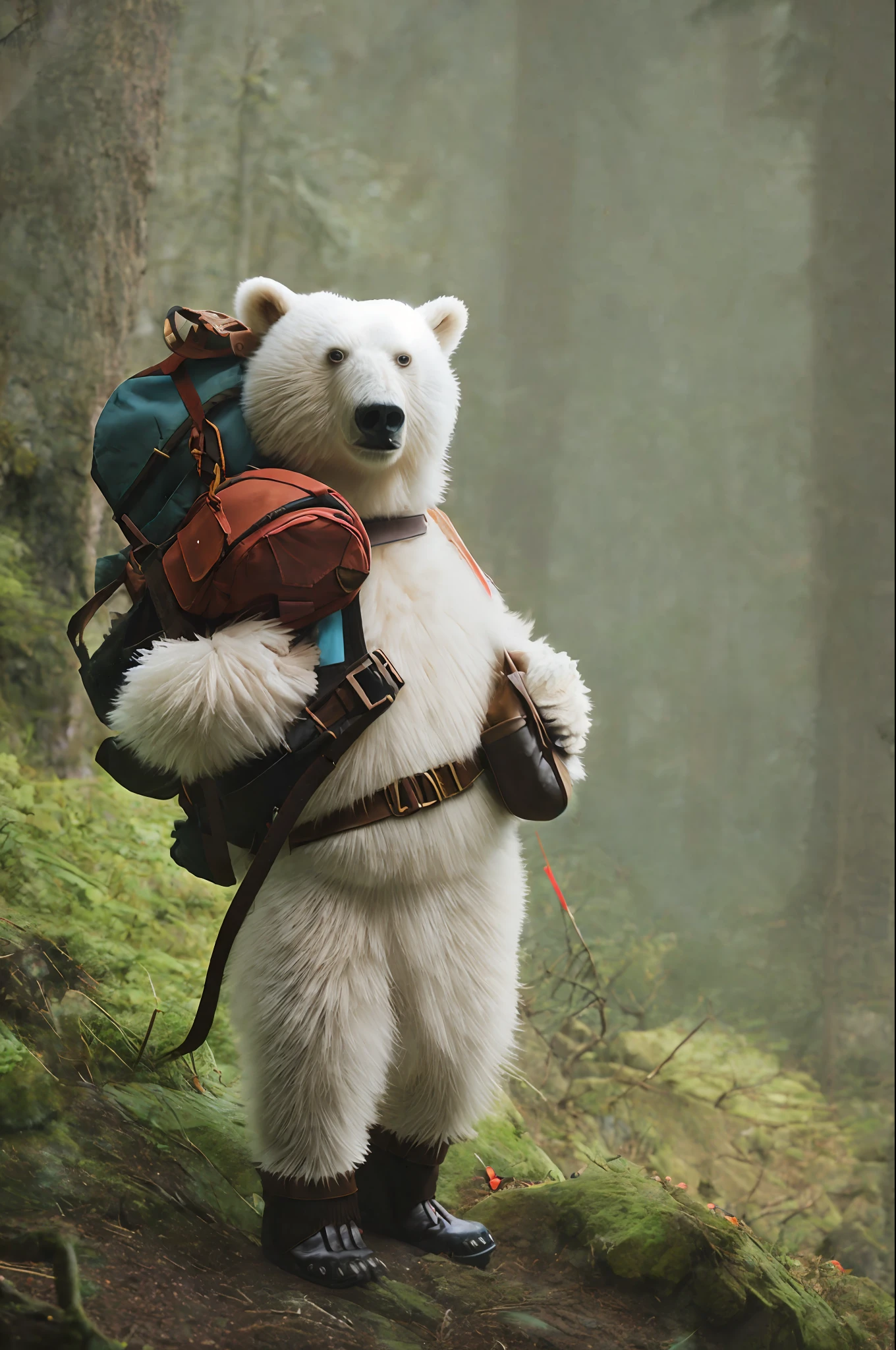 Classic negative portrait photo, fantasy video game character concept art, a cute white furry bear carrying a small brown leather backpack, watching the map hike through the forest, dungeons and dragons, fantasy, river, haze, halo, bloom, dramatic atmosphere, dark fantasy movie from the 1970s, centered, rule of thirds