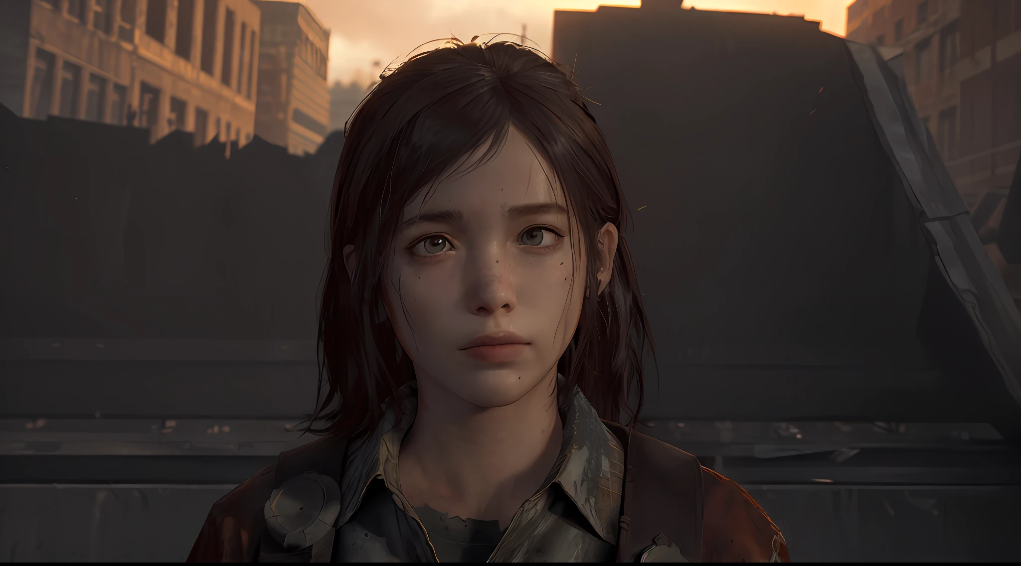 1girl,ellie,masterpiece,best quality,8K,HDR,photorealistic,detailed face,beautiful face,ruins,post-apocalyptic,((cowboy
shot,)),pureerosface_v1