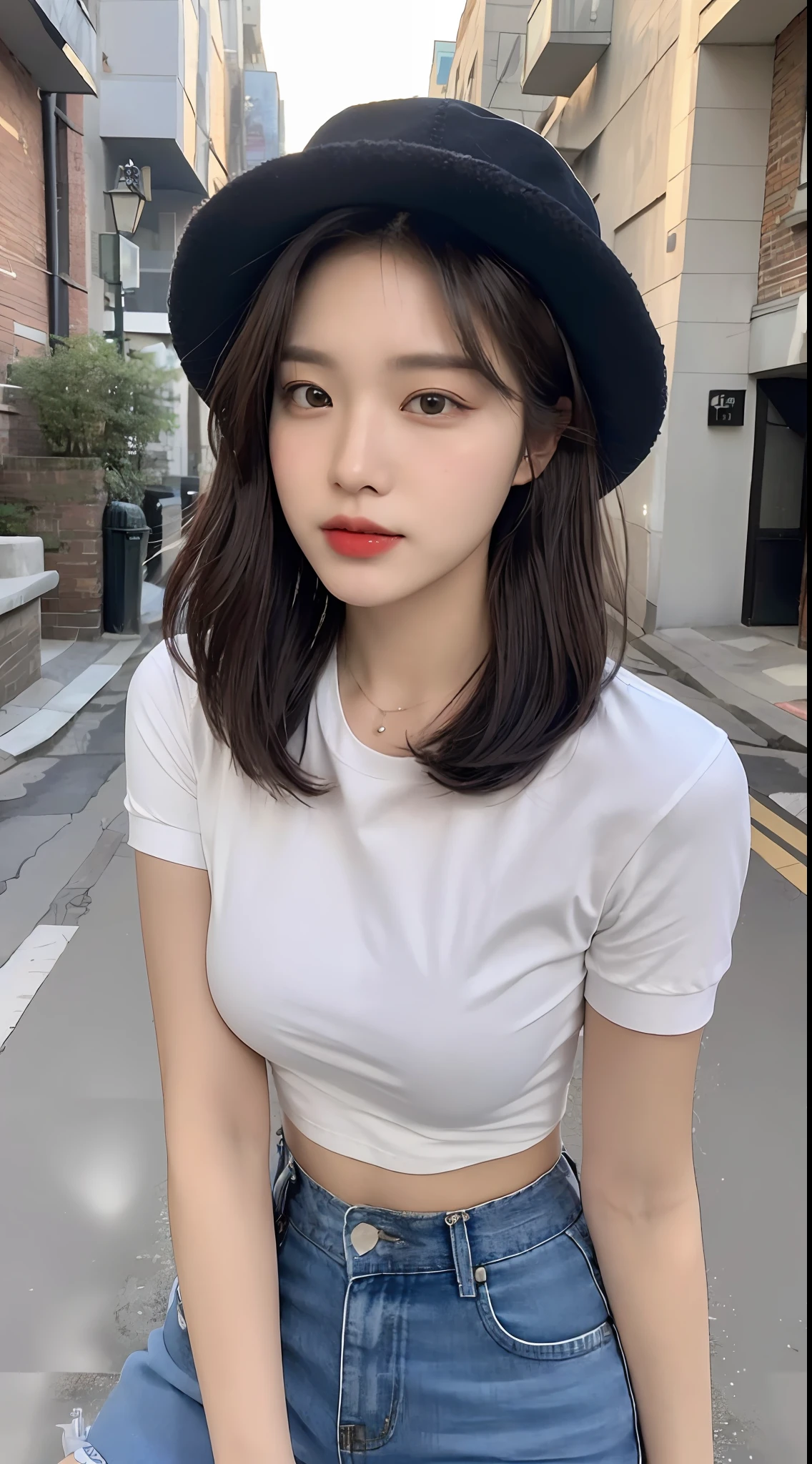 ((Best Quality, 8K, Masterpiece: 1.3)), (Fisherman's Hat: 1.3), Focus: 1.2, Perfect Body Beauty: 1.4, Buttocks: 1.2, (Layered Haircut: 1.2)), (Dark Street: 1.3), Highly Detailed Face and Skin Texture, Fine Eyes, Double Eyelids, Whitened Skin, Long Hair, (Round Face: 1.5), (Short Sleeves, Shorts: 1.6)