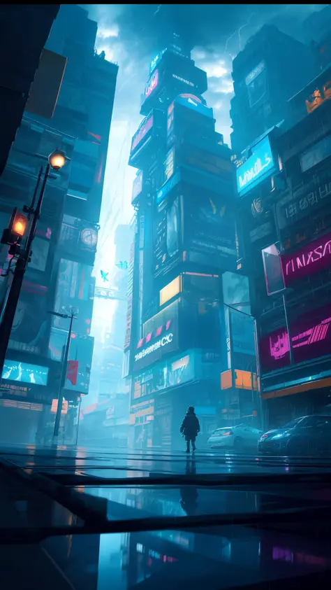 scenery, A highly detailed portrait of a street corner, during a rainstorm with lightning strikes and a cloudy sky, neon and cyberpunk background, a butterfly hovers near a street lamp, glowing, backlighting, masterpiece, best quality, intricate detail, ab...