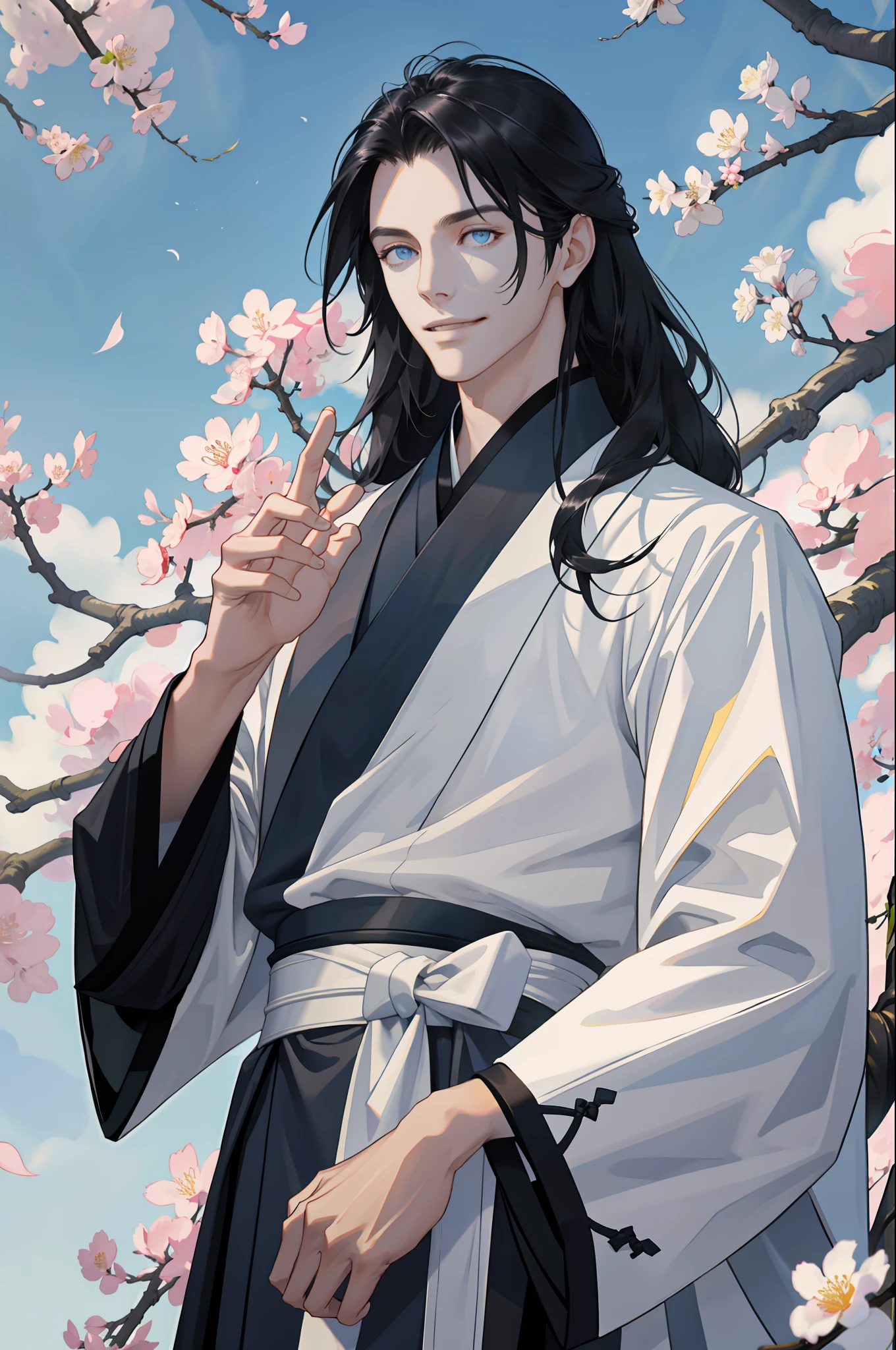 Masterpiece, best quality, 1 male, adult, handsome, tall muscular man, broad shoulders, delicate eyes and delicate face, extremely detailed CG uniform 8k wallpaper, intricate details, long black hair, best ratio of four fingers and thumb, neat hanfu and coat, natural scenery, cherry blossoms, blue sky and white clouds, afternoon, best light and shadow, smile, hair oil, depth of field