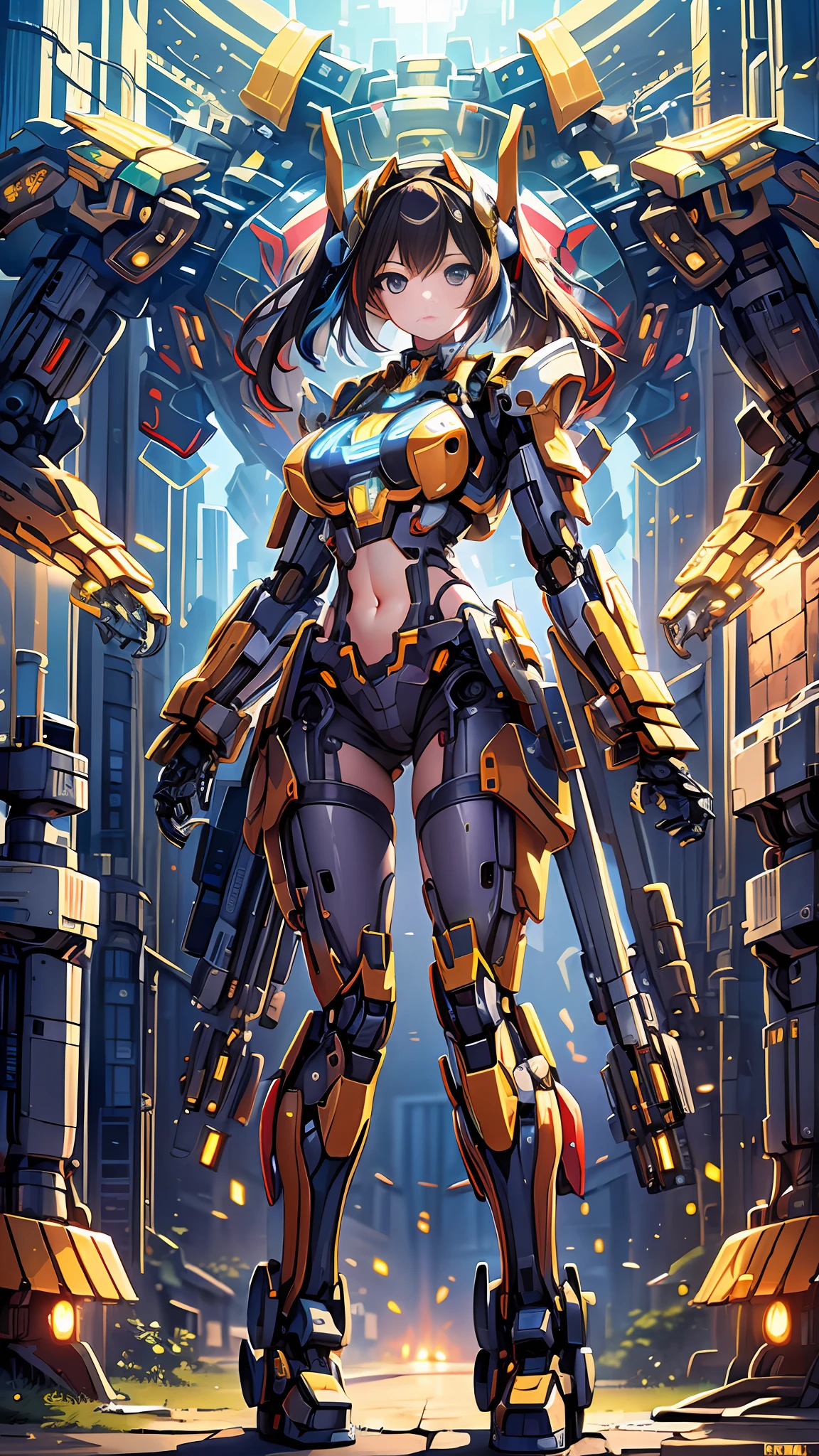 ((Masterpiece, Best Quality)), illustration, ultra-detailed 8K, realistic, clear focus, highly detailed, professional lighting, colorful details, rainbow colors BREAK factory super long shot, (1 large mechanical robot), microchip, computer, luminescence, intricate details, shitu-mecha, 1girl downscale standing in front of the viewer, navel