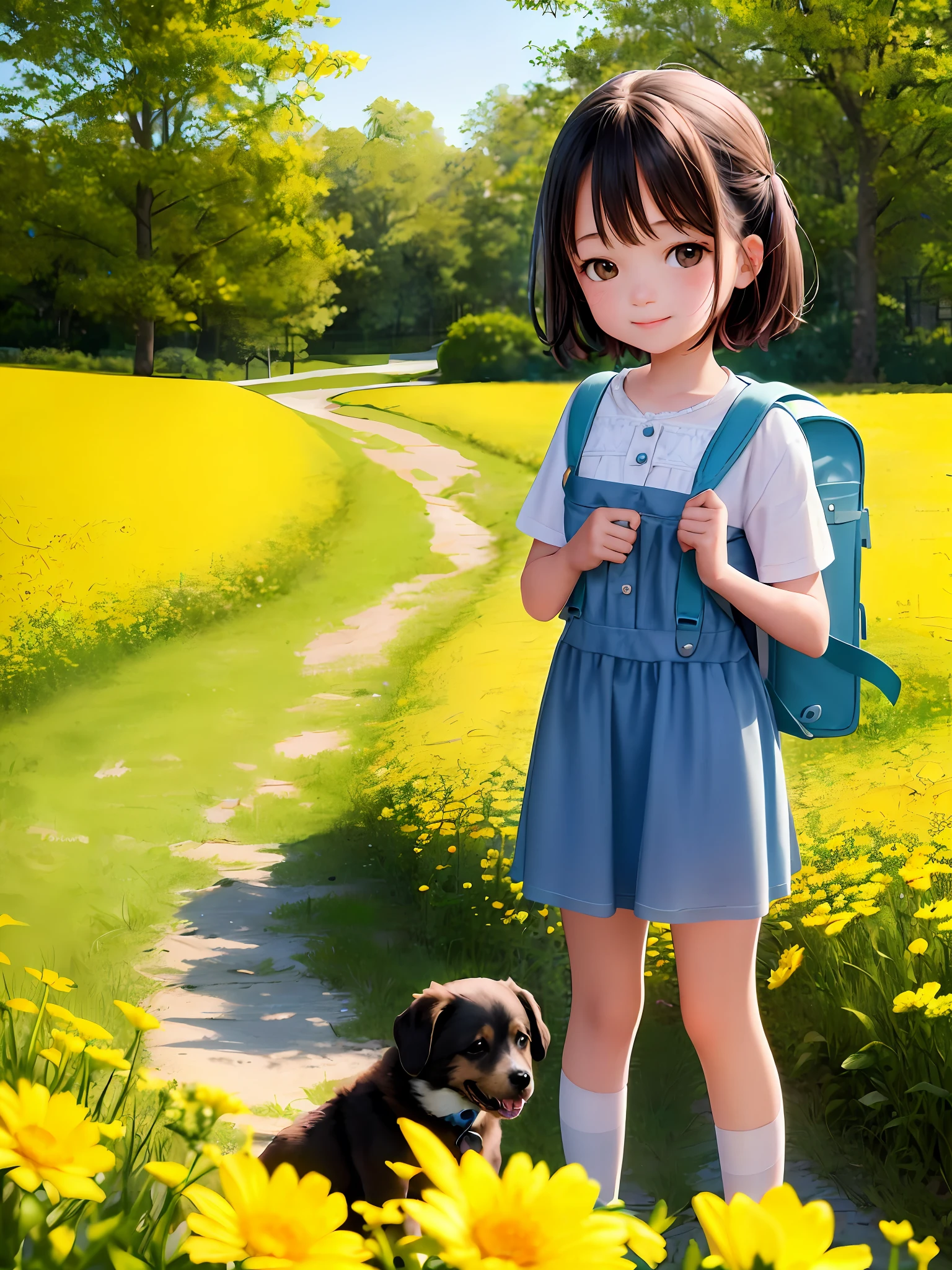 Tip: A very charming  with a backpack and her cute puppy enjoying a lovely spring outing surrounded by beautiful yellow flowers and nature. The illustration is a high-definition illustration in 4k resolution, featuring highly detailed facial features and cartoon-style visuals.