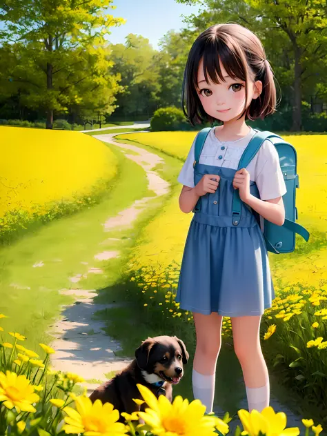 Tip: A very charming little girl with a backpack and her cute puppy enjoying a lovely spring outing surrounded by beautiful yell...