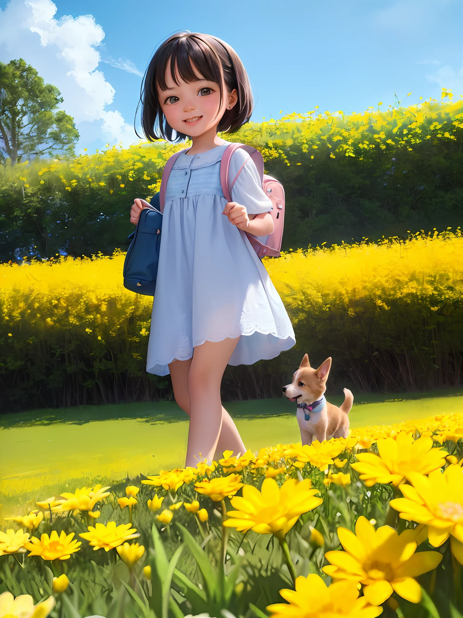 Tip: A very charming little girl with a backpack and her cute puppy enjoying a lovely spring outing surrounded by beautiful yellow flowers and nature. The illustration is a high-definition illustration in 4k resolution, featuring highly detailed facial features and cartoon-style visuals.