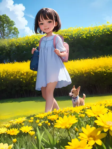 Tip: A very charming little girl with a backpack and her cute puppy enjoying a lovely spring outing surrounded by beautiful yell...