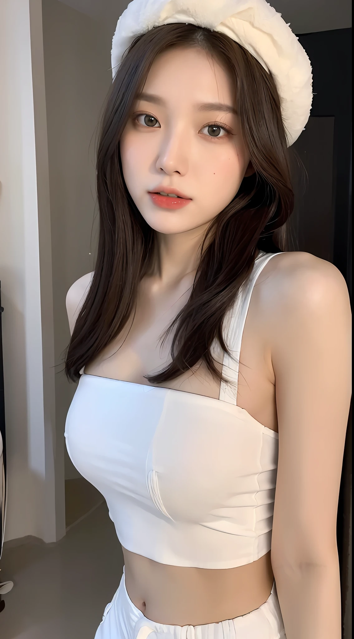 ((Best Quality, 8K, Masterpiece: 1.3)), (Flower Cap: 1.3), Focus: 1.2, Perfect Body Beauty: 1.4, Buttocks: 1.2, (Layered Haircut: 1.2)), (Dark Street: 1.3), Highly Detailed Face and Skin Texture, Full Body, Delicate Eyes, Double Eyelids, Whitened Skin, Long Hair, (Round Face: 1.5), (Loose Crop Top, Shorts: 1.6)
