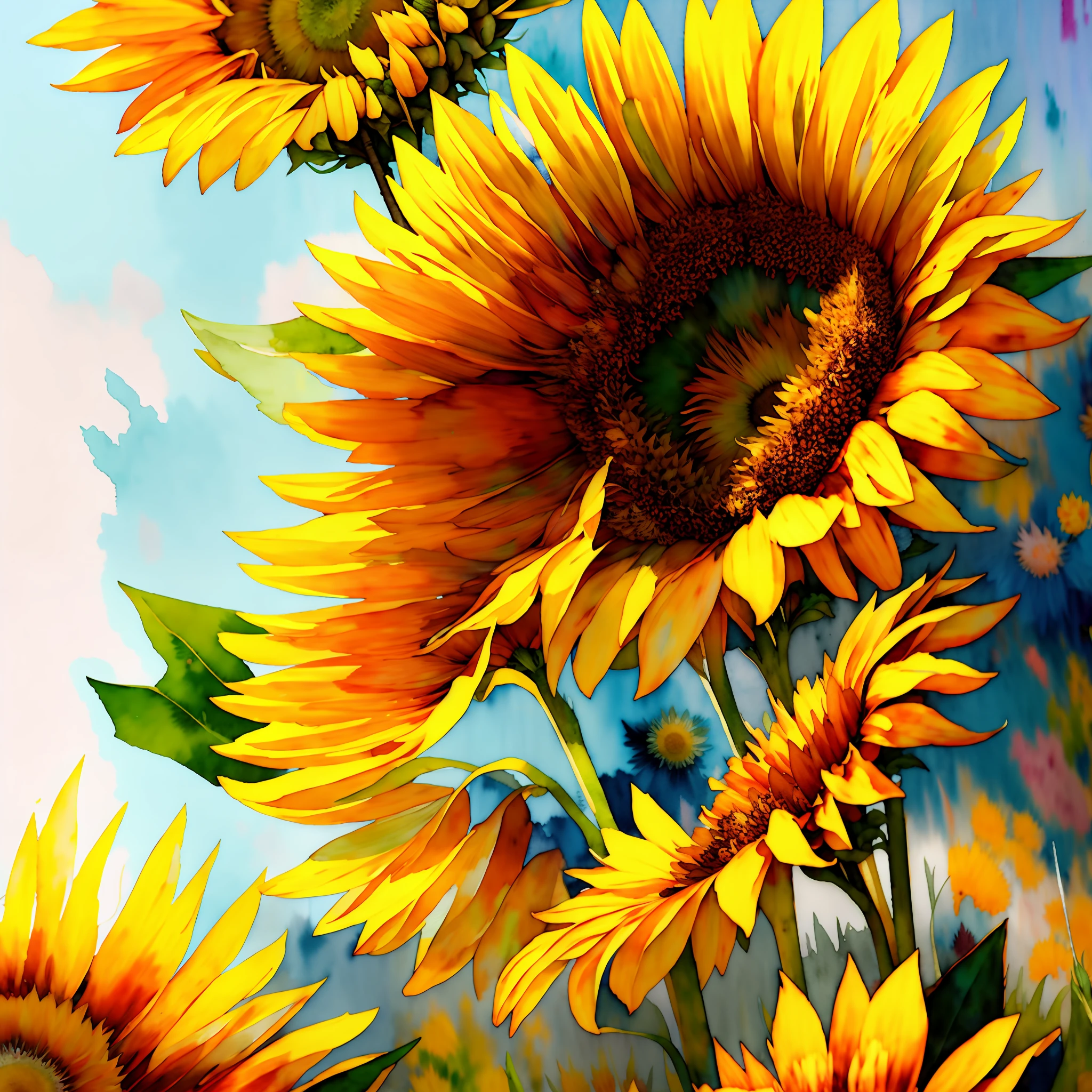 wtrcolor style, digital art of (sunflowers), official art, blown by the wind, masterpiece, beautiful, ((watercolor)), splashes of paint, intricate details. Great detail, [pinging: 0.5], trend on Artstation, Rachel Walker