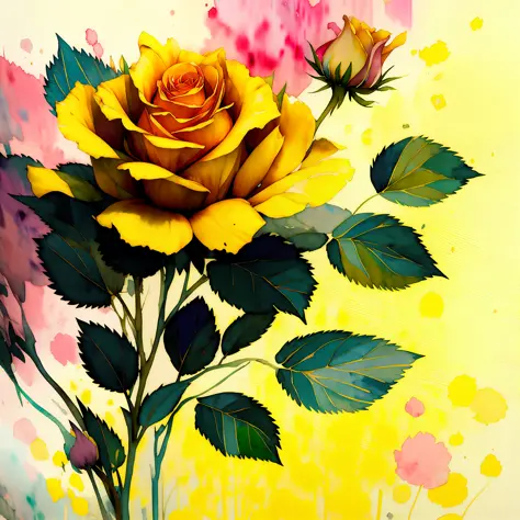 wtrcolor style, digital art of (yellow roses), official art, blown by the wind, masterpiece, beautiful, ((watercolor)), splashes...