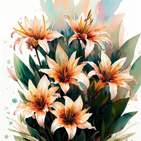 wtrcolor style, digital art of (lilies), official art, blown by the wind, masterpiece, beautiful, ((watercolor)), paint splatter...