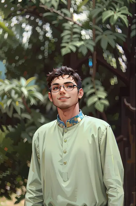 (masterpiece),(best quality:1.0), (ultra highres:1.0), detailed illustration, 8k, 1boy, anime boy, wearing punjabi, smiling, glassses, detailed face, perfect face, anime eyes, detailed eyes, dark brown eyes, detailed hair, highlights in hair, sunny, day ti...