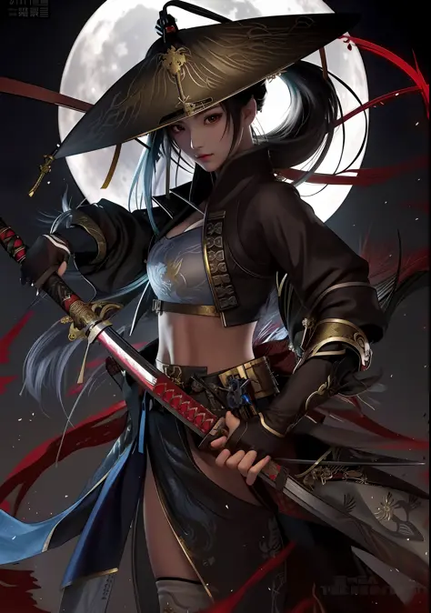 a close up of a person holding a sword in front of a full moon, very beautiful cyberpunk samurai, she is holding a katana sword, inspired by Kanō Hōgai, female samurai, katana, with large sword, demon samurai, from arknights, demon samurai warrior, she is ...