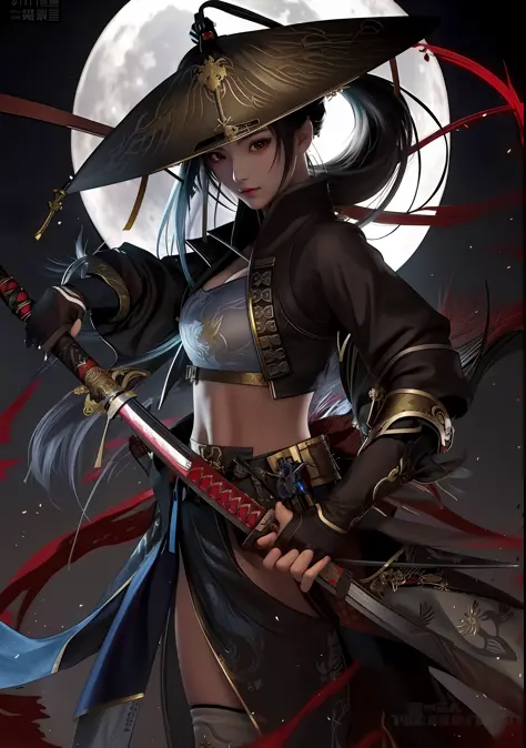 a close up of a person holding a sword in front of a full moon, very beautiful cyberpunk samurai, she is holding a katana sword,...