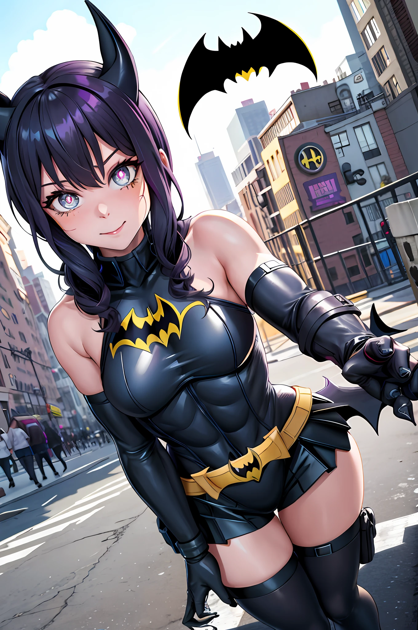 "[(Pov Grande Angular 30mm):1.3] [(Batgirl mais forte):1.2], ([Grandes pupilas dilatadas]:1.3), [bonitinho], [Garra de mão], [Rastreamentos], [cena da cidade]."