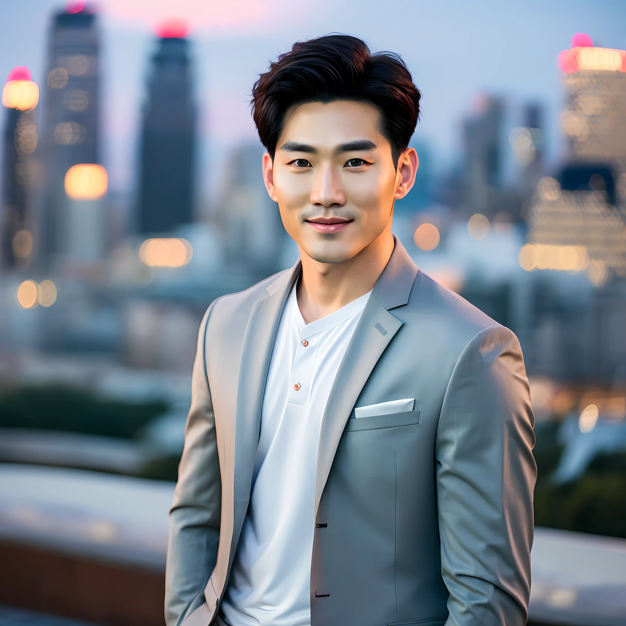 realistic photos of (1 handsome korean man), medium hair, at the rooftop, night, clear facial features of Canon EOS, 8K high resolution, realistic details, masterpiece