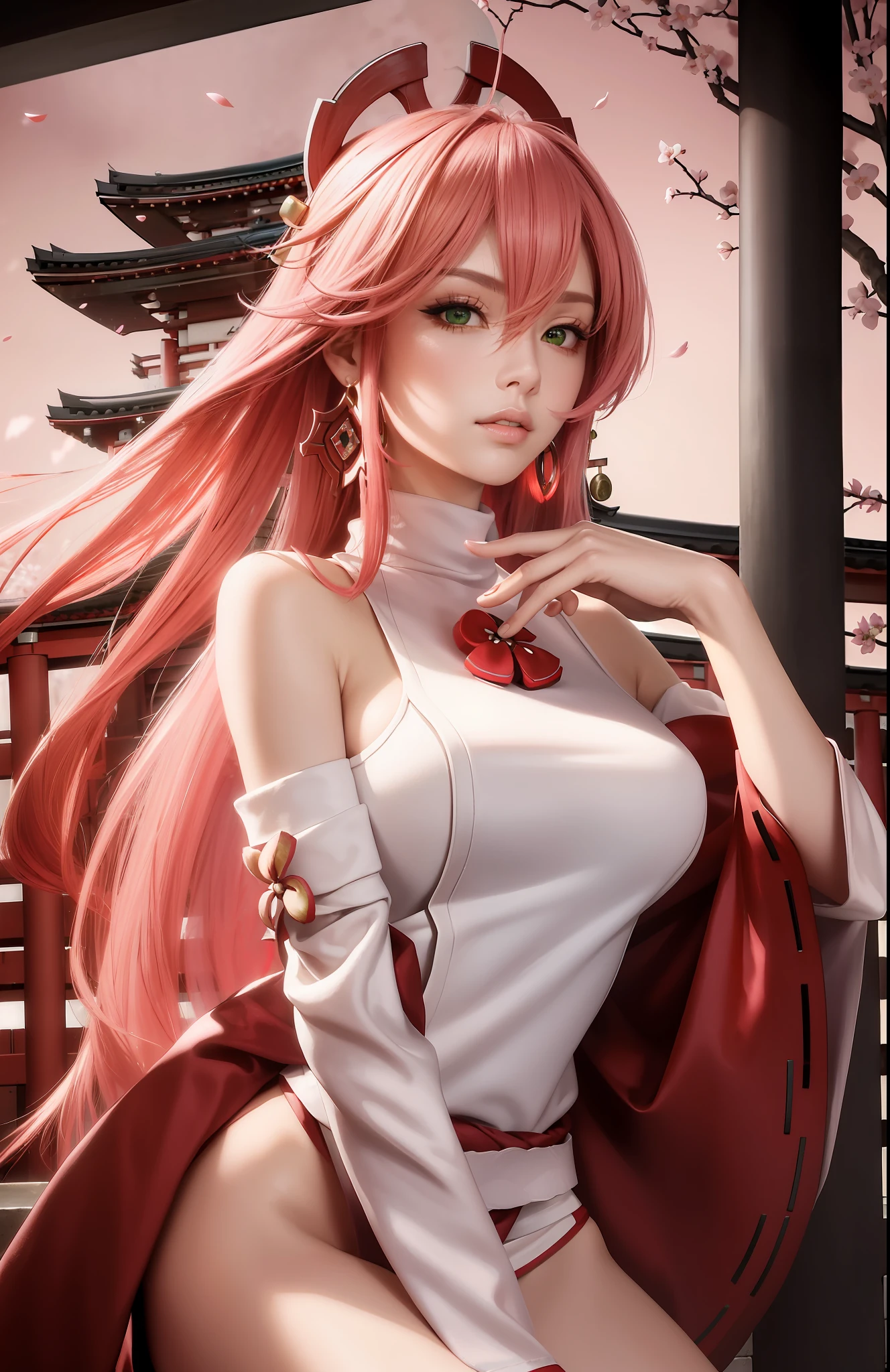 (Masterpiece, Excellent, 1girl, solo, complex details, color difference), realism, ((medium breath)), off-the-shoulders, big breasts, sexy, Yae Miko, long pink hair, red headdress, red highlight, hair above one eye, green eyes, earrings, sharp eyes, perfectly symmetrical figure, choker, neon shirt, open jacket, turtleneck sweater, against the wall, brick wall, graffiti, dim lighting, alley, looking at the audience, ((mean, seductive, charming)), ((cherry blossom background ))),((Japanese temple background)))), (((Glow-in-the-dark background)))