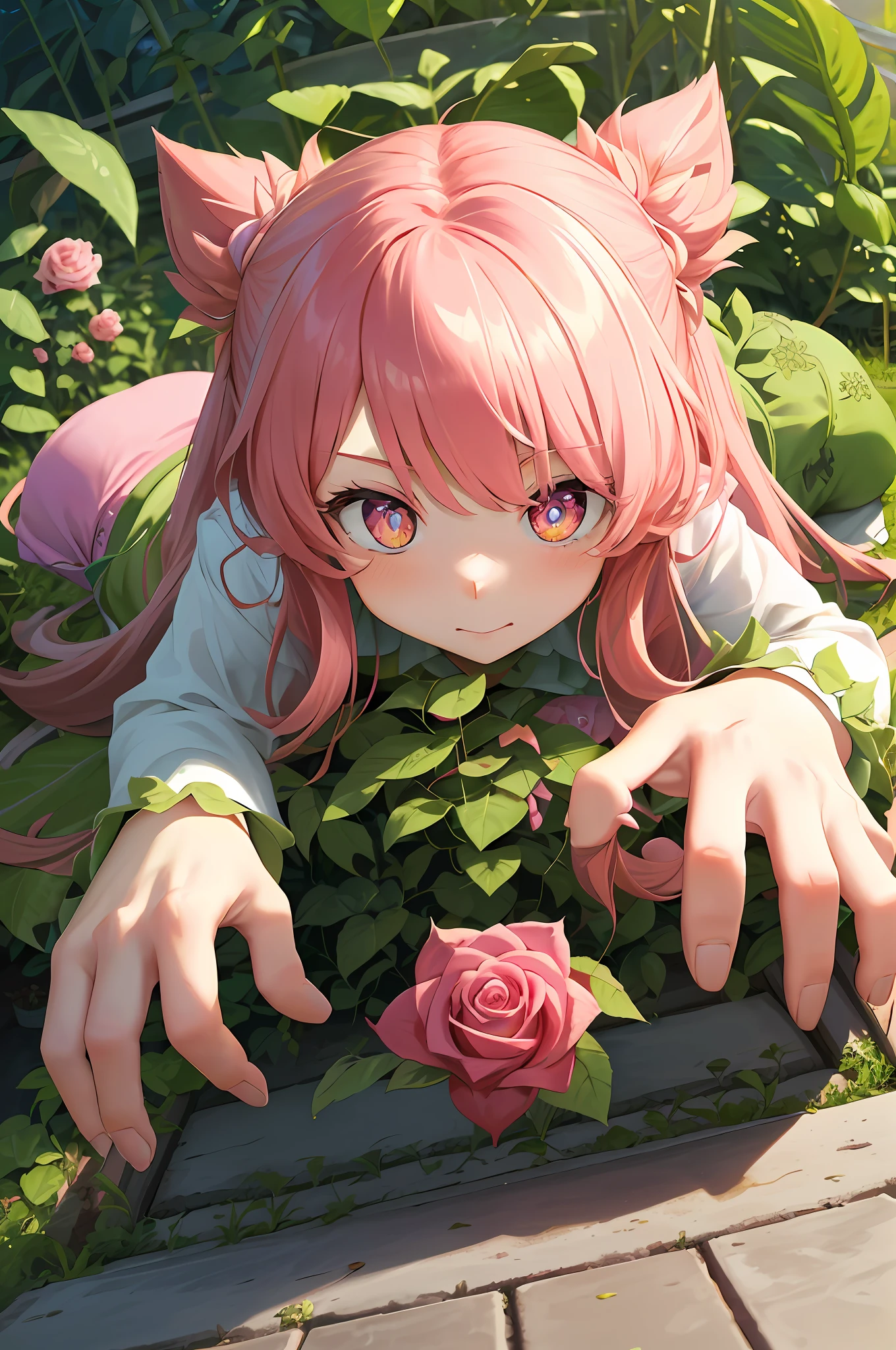 (Pov Wide-Angle 30mm)) ((stronger plantgirl , long Rosehairplant  , pink rose, big eyse dilated pupils , cute , hand Claw , crawls , ))