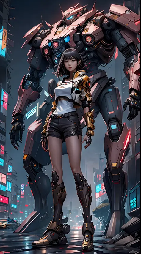 Boutique,best quality,Gold jewelry,(slip out feet),Fairy skin,(Fidelity :1.2),Standing,Super Detailed,realistic,High quality,Movie Light,Ray tracking,Ultra HD,Upper body
Girl in shorts and jacket standing next to giant robot, Guweiz style artwork, CyberPun...