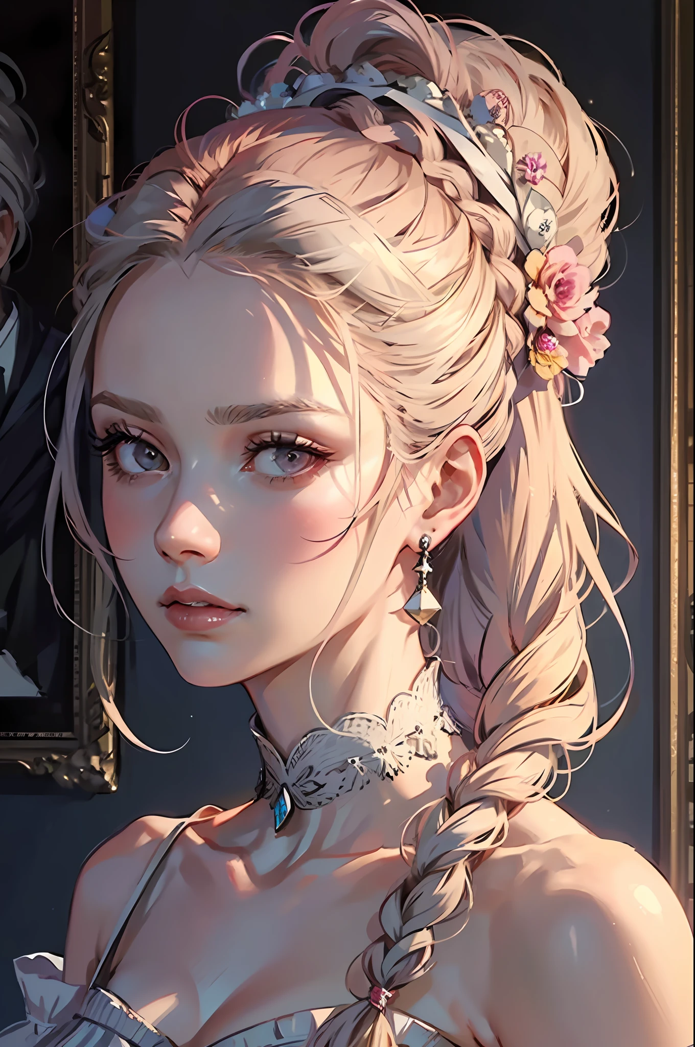 Woman, serious, elegant, pink dress, aristocratic, silver elements, long nails, bare shoulders, hairstyle, hair up, braid and ponytail, messy, arrogant, absurdes, detailed dress, royalty, celebration, hall decorated with flowers, closeup face, portrait, (best quality), (masterpiece), (highly detailed), (4k)