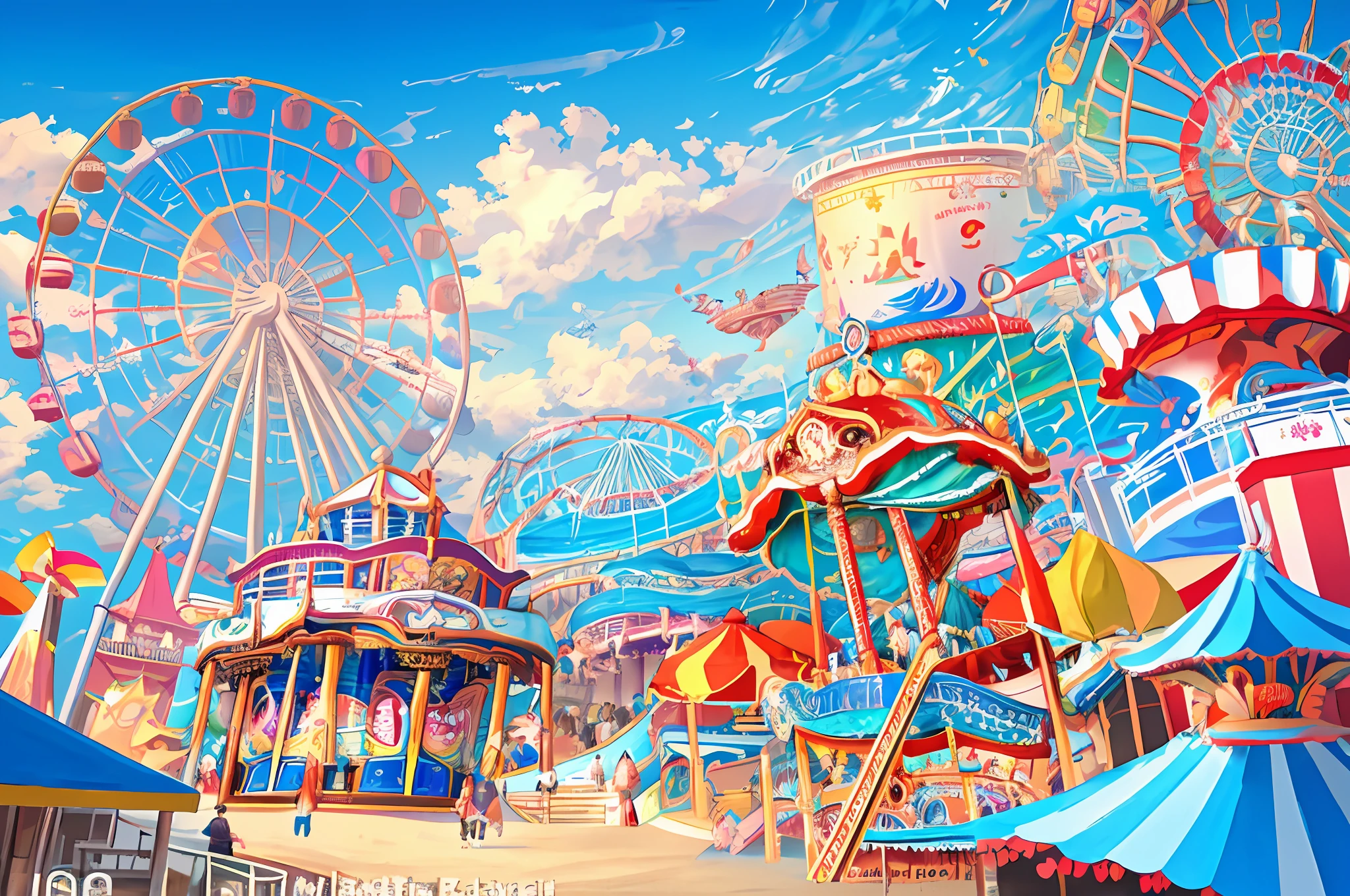 imagem de um parque de diversões no cais à beira-mar da década de 1930, (montanha russa:1.3), roda gigante, carrossel, pavilhões, barracas de comida e brincadeiras de carnaval, ocupado com pessoas