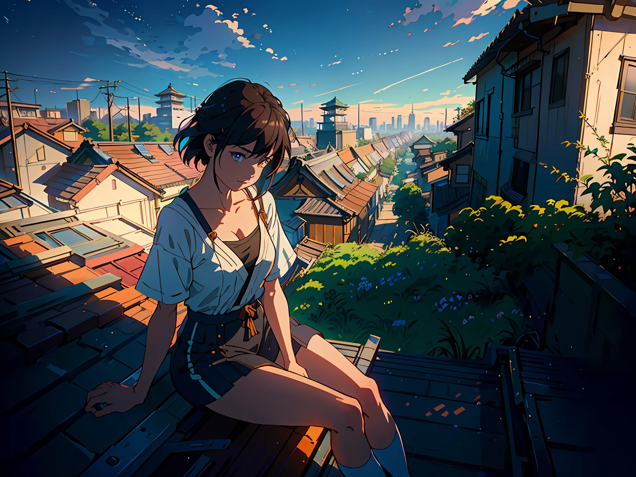 Realistic, real life, beautiful Cute Girl sitting on a roof looking down at a city below, extremely detailed by greg rutkowski makoto shinkai kyoto animation key art feminine mid shot, style of laurie greasley, studio ghibli, akira toriyama, james gilleard, genshin impact, trending pixiv fanbox, acrylic palette knife, 4k, vibrant colors, devinart, trending on artstation