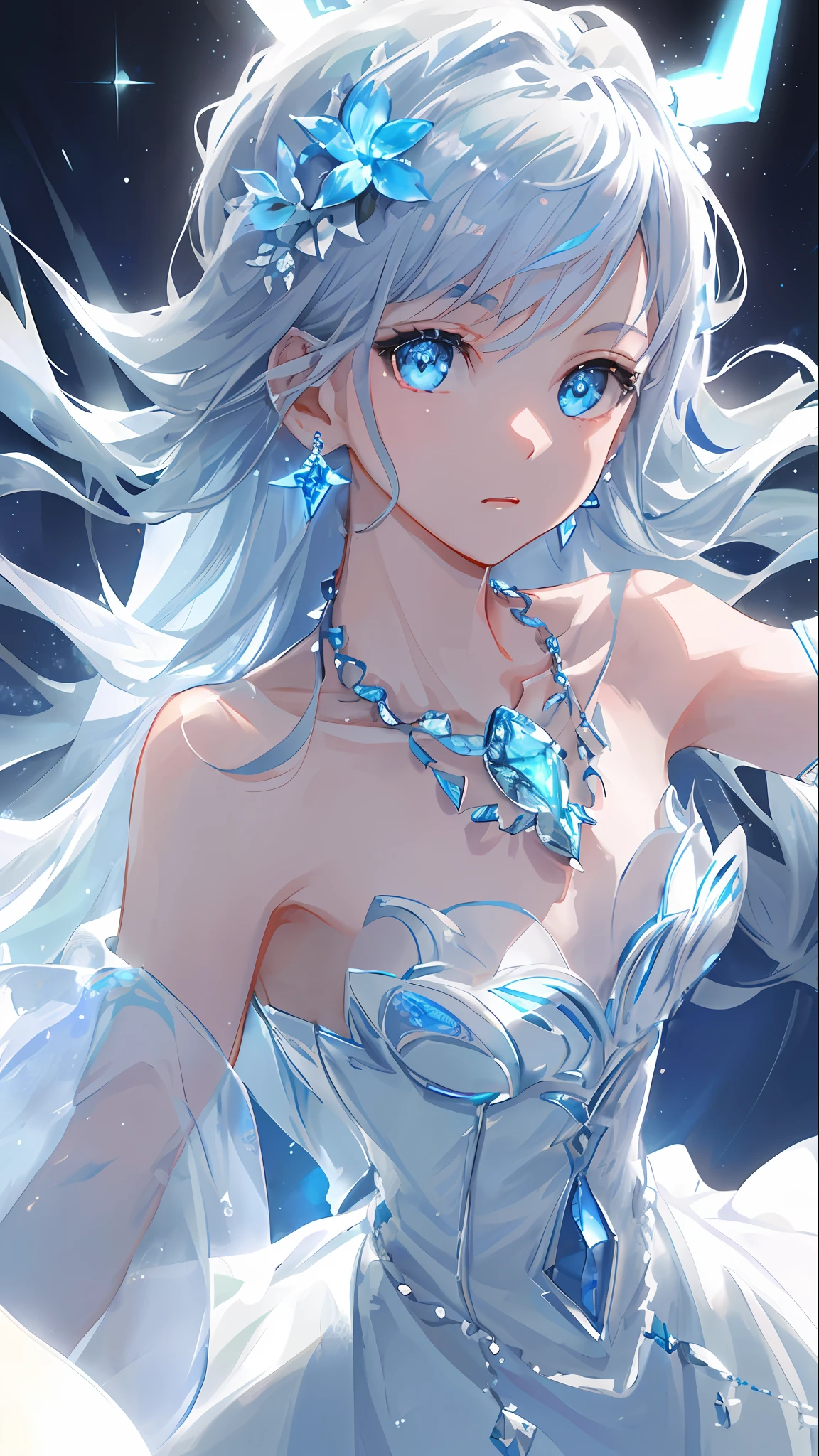 masterpiece, best quality, illustration, sax blue, platinum earrings, platinum necklace, white dress, 1girl, cute, (dynamic lighting:1.2), cinematic lighting, delicate facial features, detailed eyes, sharp pupils, realistic pupils, depth of field, bokeh, sharp focus, (hyper-detailed, bloom, glow:1.4), many small gems