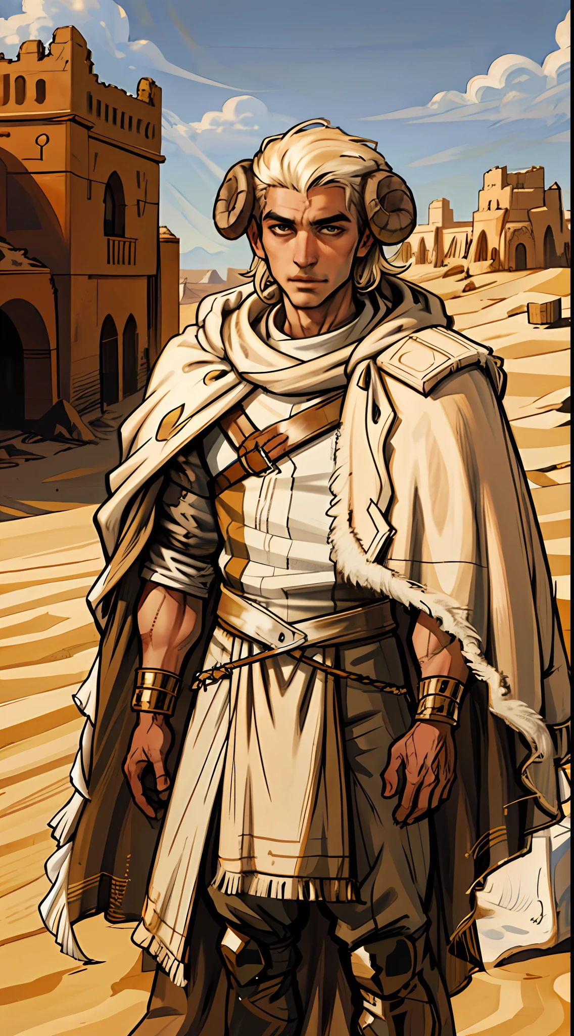 (european young male), 19 years old, white short hair, cool, handsome, muscle, ((sheep horn)), desert head shawl, (desert cape), [complex patterns], desert, desert style, sand, desert clothing, (gold color sheep), Aries, myth, classical, epic,official art, unity 8k wallpaper, ultra detailed, handsome and aesthetic, masterpiece, best quality, elegant, romanticism, fantasy,