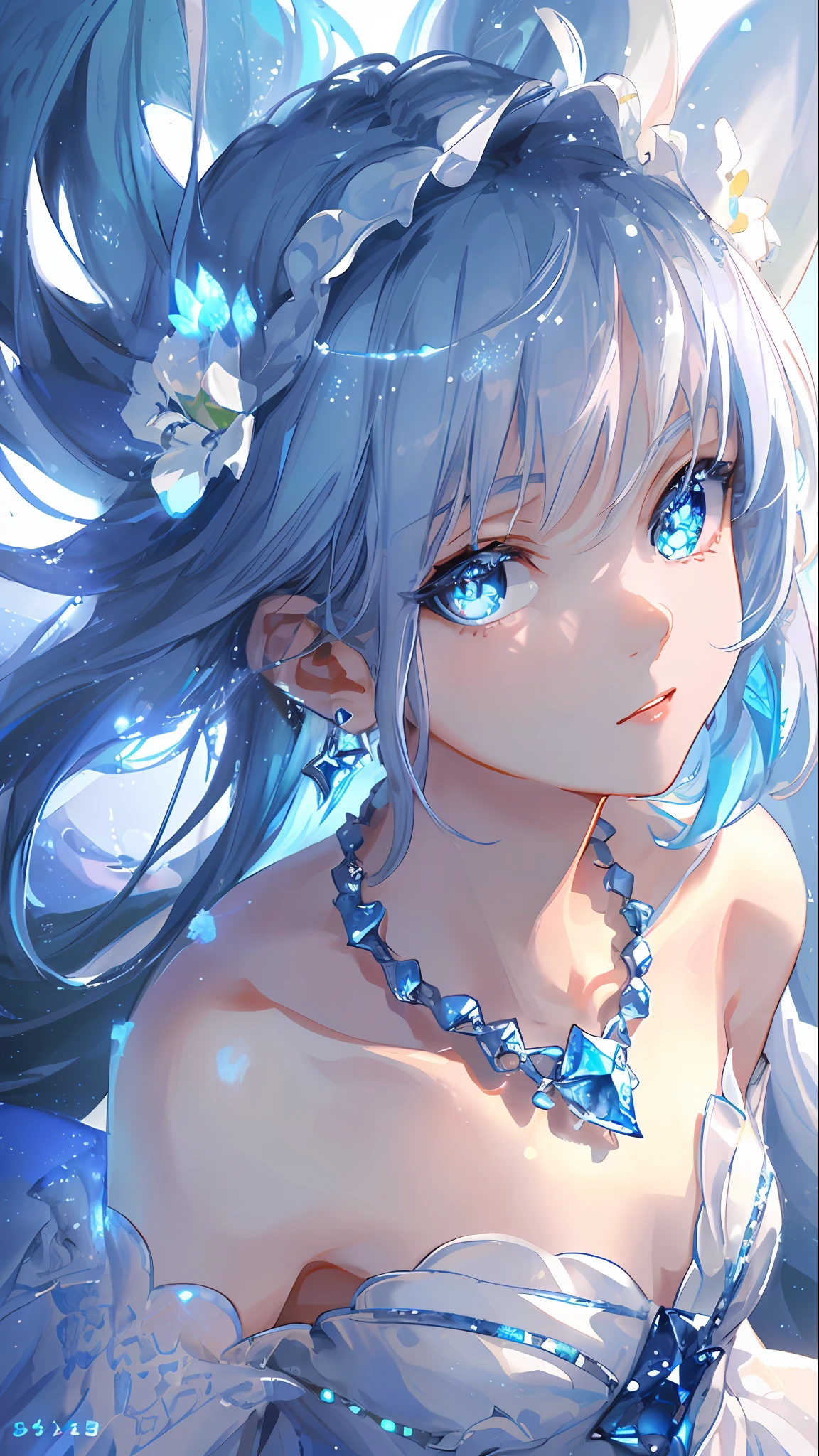 masterpiece, best quality, illustration, sax blue, platinum earrings, platinum necklace, white dress, 1girl, cute, (dynamic lighting:1.2), cinematic lighting, delicate facial features, detailed eyes, sharp pupils, realistic pupils, depth of field, bokeh, sharp focus, (hyper-detailed, bloom, glow:1.4), many small gems