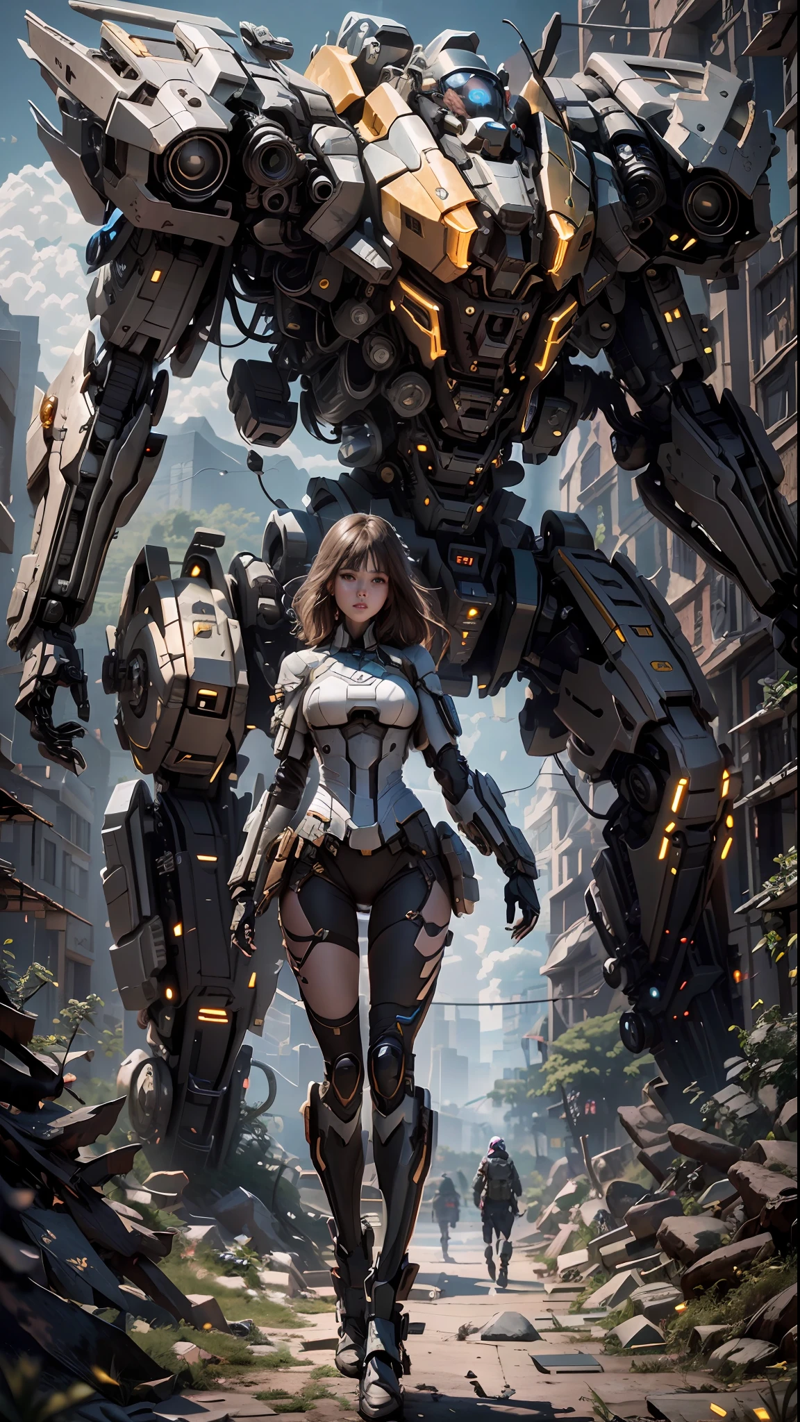 ((Best Quality)), ((Masterpiece)), (Very Detailed:1.3), 3D, Shitu-mecha, Beautiful cyberpunk woman with her pink mech in the ruins of a city in the forgotten war, Ancient technology, HDR (High Dynamic Range), ray tracing, NVIDIA RTX, super resolution, unreal 5, subsurface scattering, PBR texture, post-processing, anisotropic filtering, depth of field, maximum sharpness and sharpness, multi-layer texture, albedo and highlight maps, surface shading, Accurate simulation of light-material interactions, perfect proportions, octane rendering, duotone lighting, low ISO, white balance, rule of thirds, wide aperture, 8K RAW, efficient sub-pixels, subpixel convolution, luminescent particles, light scattering, Tyndall effect