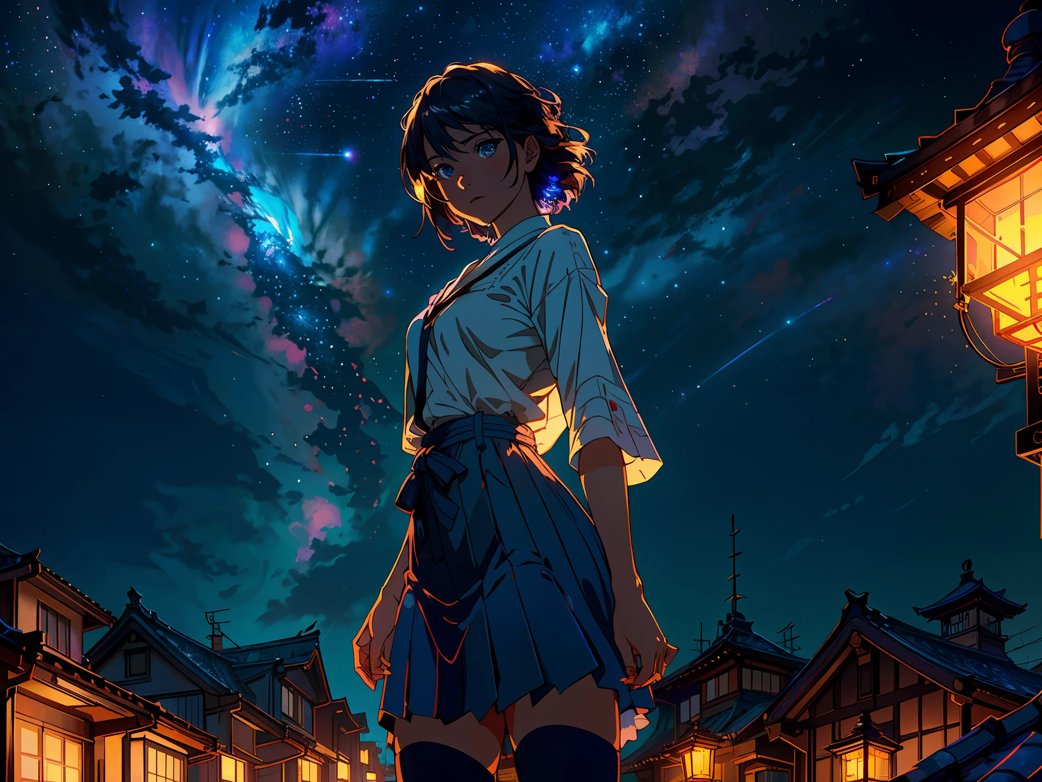 Realistic, real life, beautiful Cute Girl standing on a roof looking in the sky, detailed city below with lantern, extremely detailed by greg rutkowski makoto shinkai kyoto animation key art feminine mid shot, style of laurie greasley, studio ghibli, akira toriyama, james gilleard, genshin impact, trending pixiv fanbox, acrylic palette knife, 4k, vibrant colors, devinart, trending on artstation,octane render, bioluminescent,8K resolution concept art, realism,by Mappa studios,masterpiece,best quality,official art,illustration,ligne claire,(cool_color),perfect composition,absurdres, fantasy,focused,night, starry night, crescent moon, shooting stars,stars