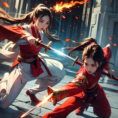 Masterpiece, best quality, realistic, 1 girl, holding a sword, red clothes, full body, martial arts, dynamic, flame, particles