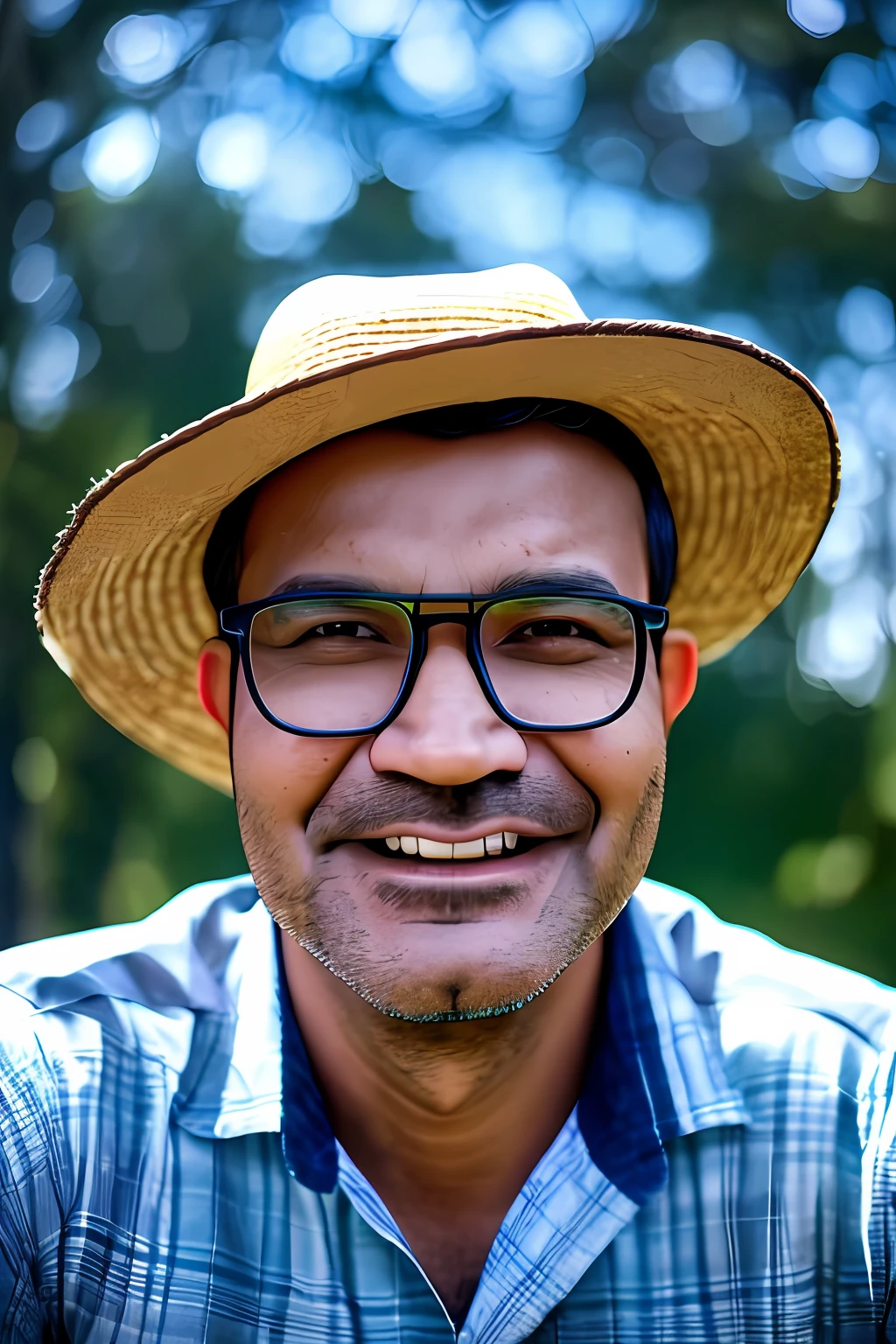 celsoricardo1, un homme de 4 ans avec des lunettes, Visage détaillé, pores de peau réalistes, porter un chapeau de paille, chemise à carreaux, un jean avec quelques déchirures, avec une paille sèche dans la bouche. Nuit étoilée très sombre. Assis sur un rocher à côté d'un feu de camp la nuit. avec des arbres autour du personnage. photoréalisme, détails extrêmes, Ultra réaliste, profondeur de champ, 8k