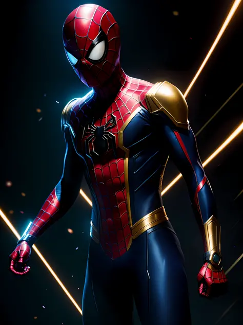 Midjourny-V4 style, Spider-Man in professional photos perfectly played by gwen Stacy, with very detailed complex cybernetic equipment, very detailed beautiful face, standing in the dark, golden particles around the body, proportional body shape + perfect a...