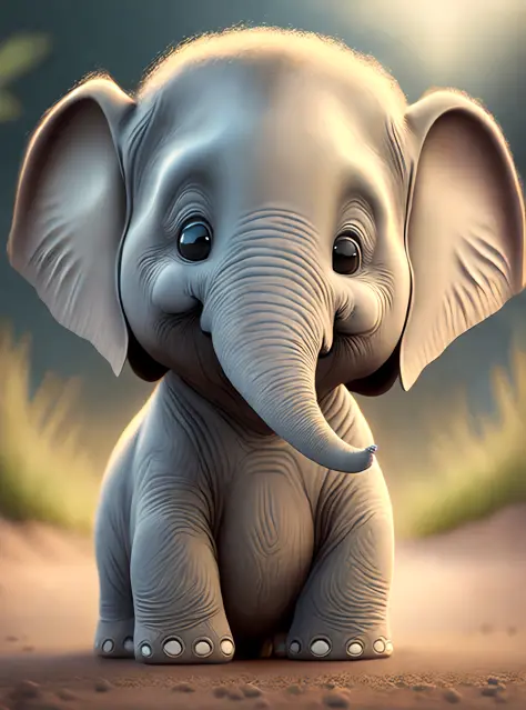 one happy cute baby elephant, portrait, outdoors, background space, toon, pixar style, 3d, cartoon, detailed face, asymmetric, upper body