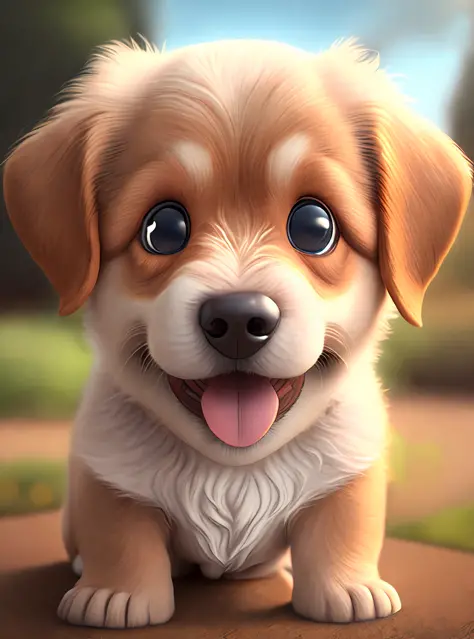 one happy cute baby  dog, portrait, outdoors, background space, toon, pixar style, 3d, cartoon, detailed face, asymmetric, upper body