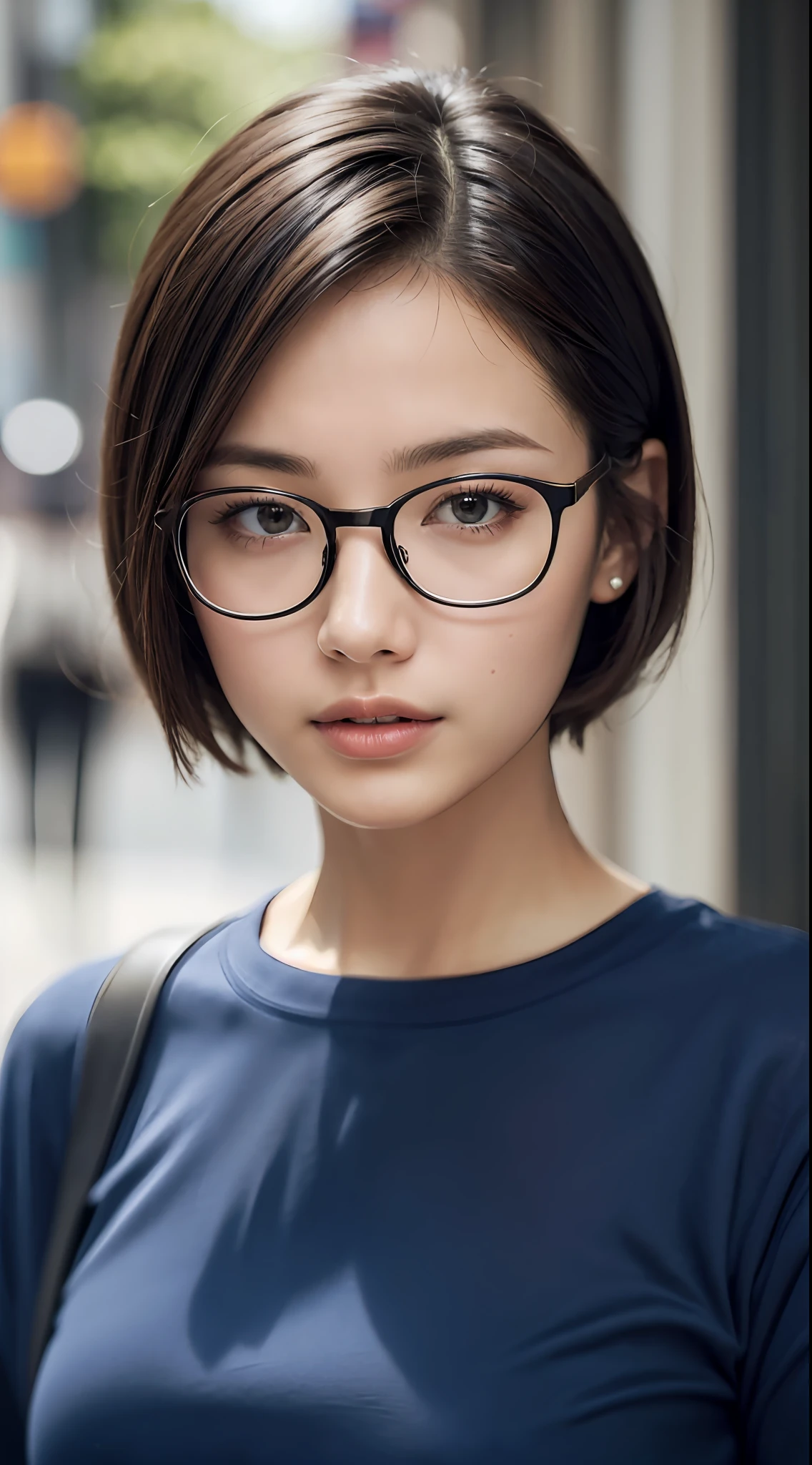 (RAW photo, best quality), (realistic, photo-realistic:1.3), extremely delicate and beautiful, Amazing, finely detail, masterpiece, ultra-detailed, highres, (best shadow),
sharp focus, volumetric fog, 8k UHD, DSLR, high quality, Fujifilm XT3,
a woman wearing glasses and a blue top posing for a picture in the street with her hand on her head, short hair, glasses, a picture, aestheticism