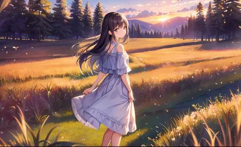 meadow,dress, 1 girl, sunset