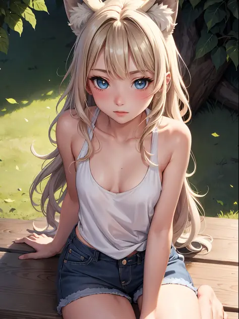 masterpiece, best quality, wolf girl, elegant, 1girl, wolf ears, wolf tail, cute, blushed, looking at viewer, from above, blonde wavy hair, barumas, white and black tank top, blue eyes, beautiful eyes, beautiful background, light particles, sun rays, drama...