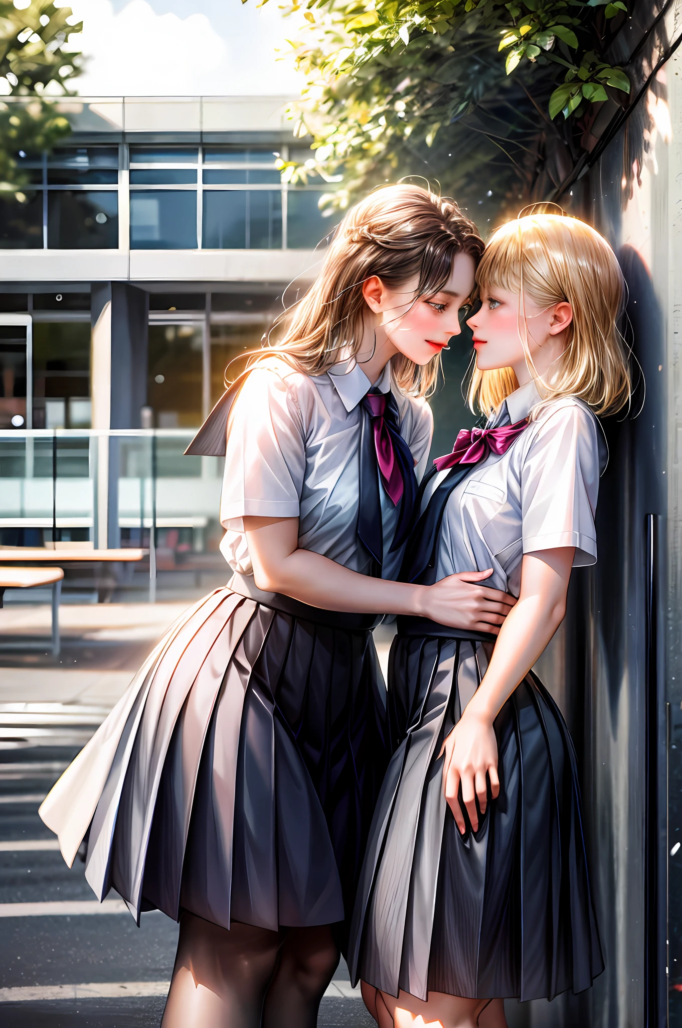 duas meninas, com uniformes escolares, Casal de lésbicas, olhando um para o outro, alto, lindo, plano,