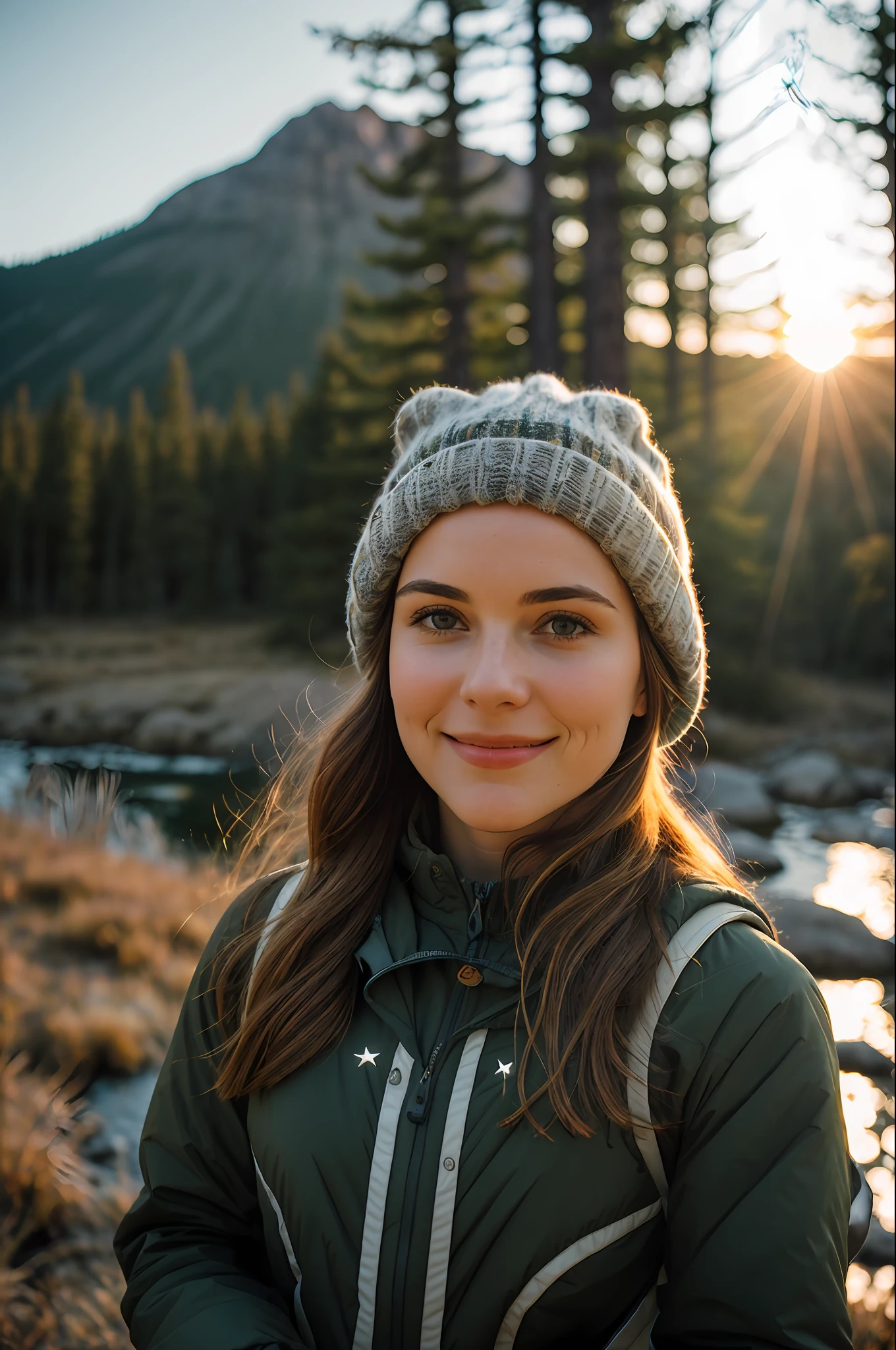 1 woman((upper body selfie, happy)), masterpiece, best quality, ultra-detailed,  solo, outdoors, (night), mountains, nature, (stars, moon)   cheerful, happy, backpack, sleeping bag, camping stove, water bottle, mountain boots, gloves, sweater, hat, flashlight, forest, rocks, river, wood, smoke, shadows, contrast, clear sky,
analog style (look at viewer:1.2)  (skin texture)
(film grain:1.3), (warm hue, warm tone)