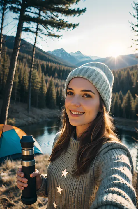 1 woman((upper body selfie, happy)), masterpiece, best quality, ultra-detailed,  solo, outdoors, (night), mountains, nature, (stars, moon)   cheerful, happy, backpack, sleeping bag, camping stove, water bottle, mountain boots, gloves, sweater, hat, flashli...