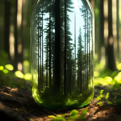 Close up portrait of a world made of tall buildings in a thin forest in a glassy bottle, highly detailed, octane render, 3d, glass bottle, dark synth,